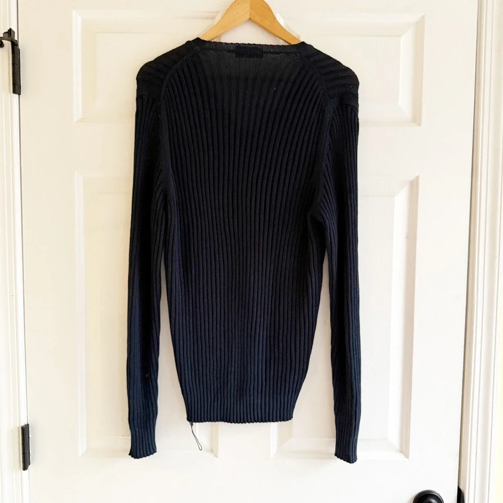 Zanone Mens Navy Blue Ribbed V Neck‎ Long Sleeve Cotton Sweater Size 50 Italy